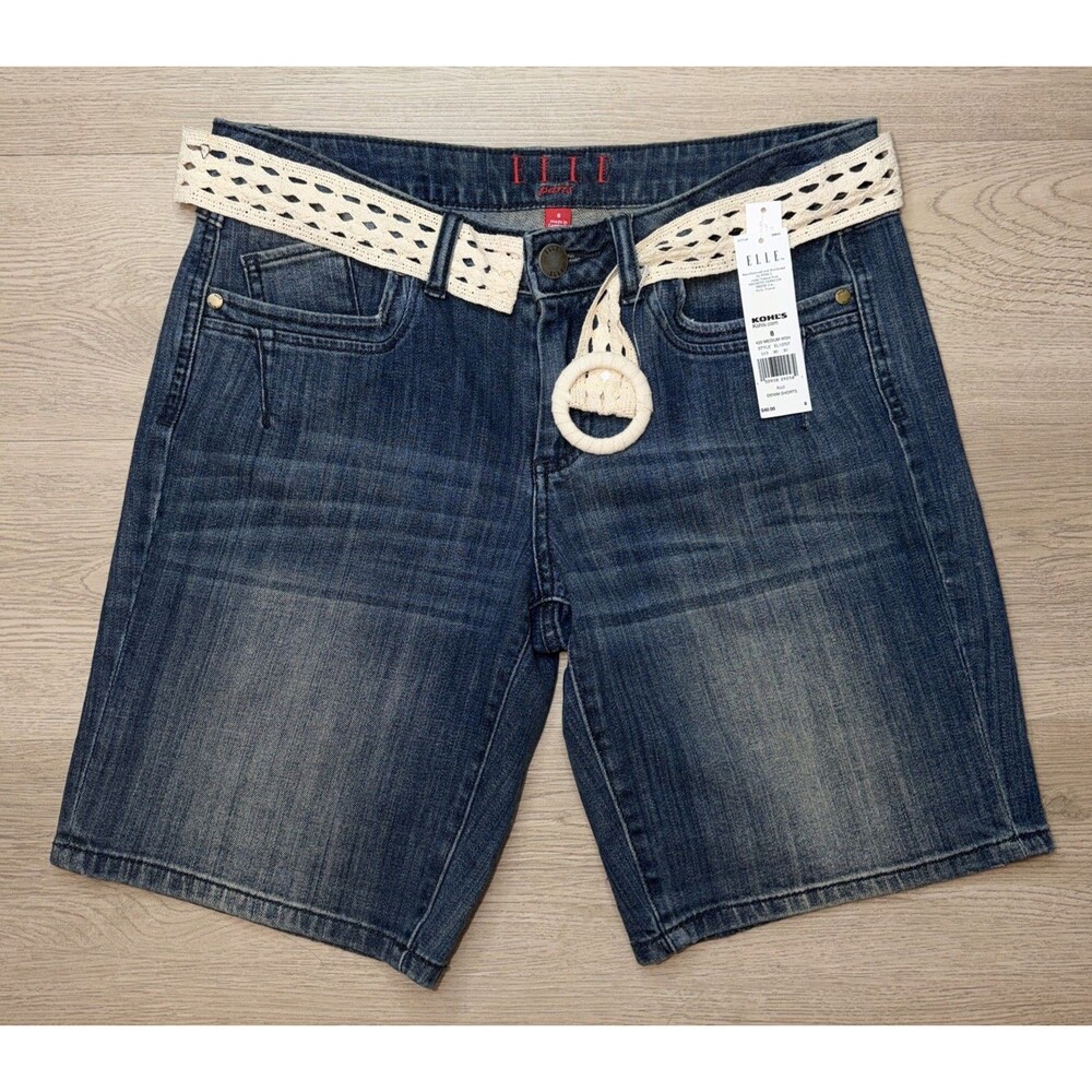 NWT ELLE Paris Denim Bermuda Shorts Women’s Size 8 Medium Wash Belted Kohls